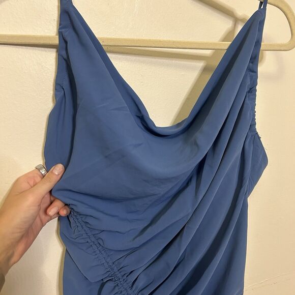 Abercrombie & Fitch Asymmetrical Cinched Midi Dress Medium Blue NWT - Stain - Picture 2 of 9